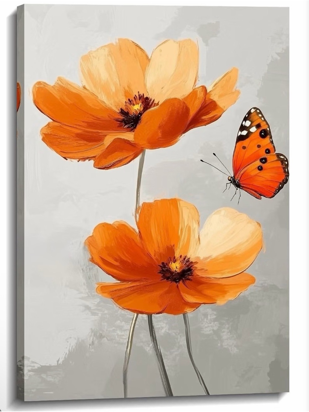 Orange Poppy and Butterfly Wall Art Print - Vibrant Orange Floral Canvas